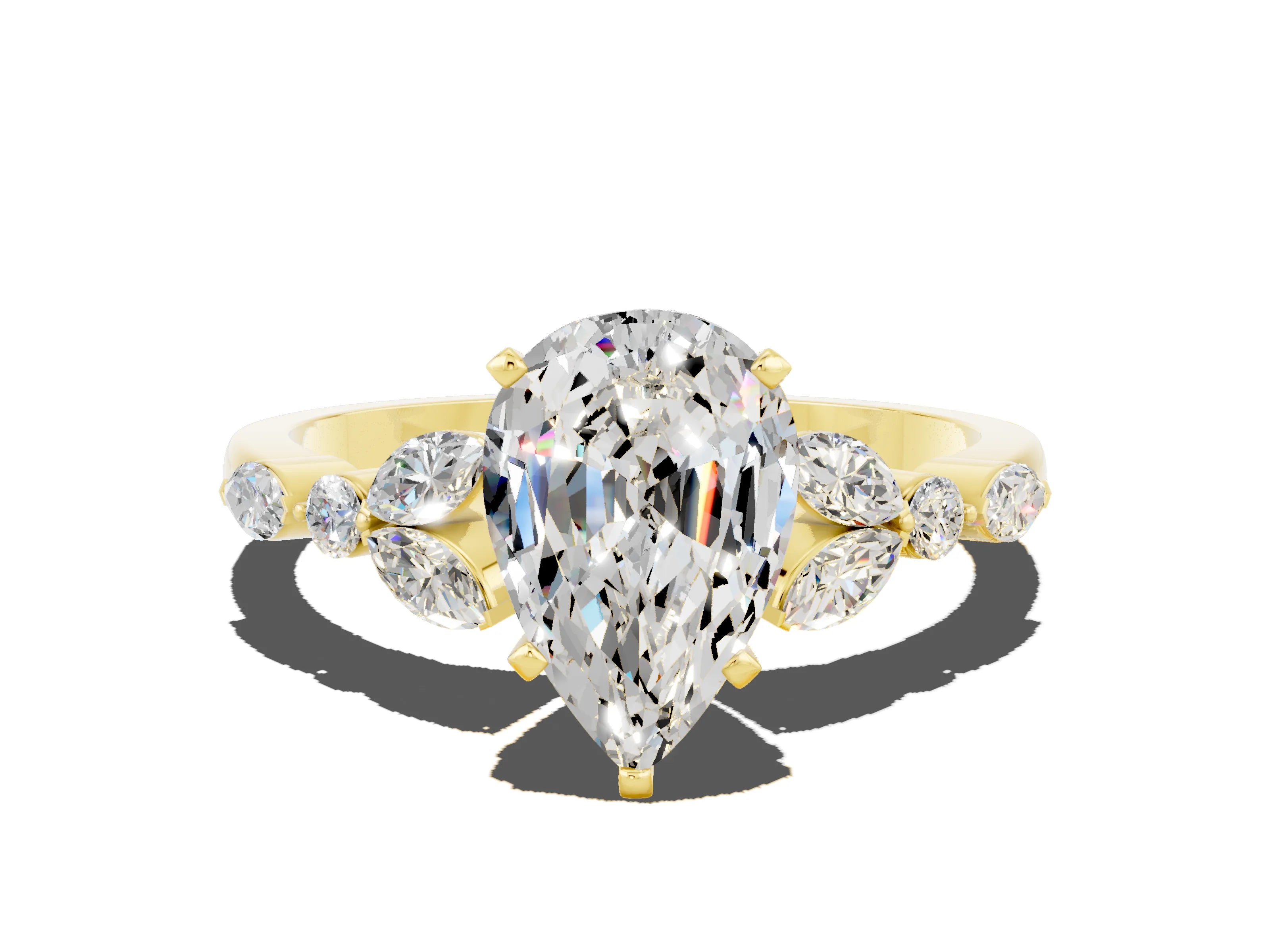 Yellow gold Pear Cut Moissanite Solitaire Ring with Side Stones and Four-Prong Setting_12