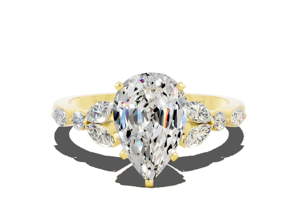 Yellow gold Pear Cut Moissanite Solitaire Ring with Side Stones and Four-Prong Setting
