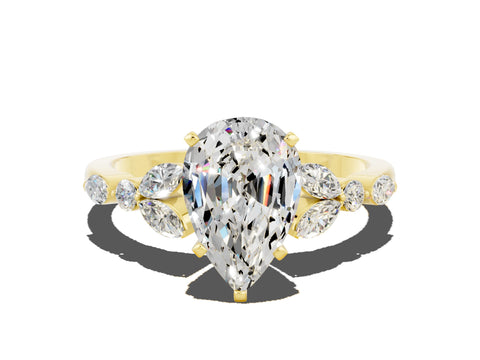 Yellow gold Pear Cut Moissanite Solitaire Ring with Side Stones and Four-Prong Setting_12