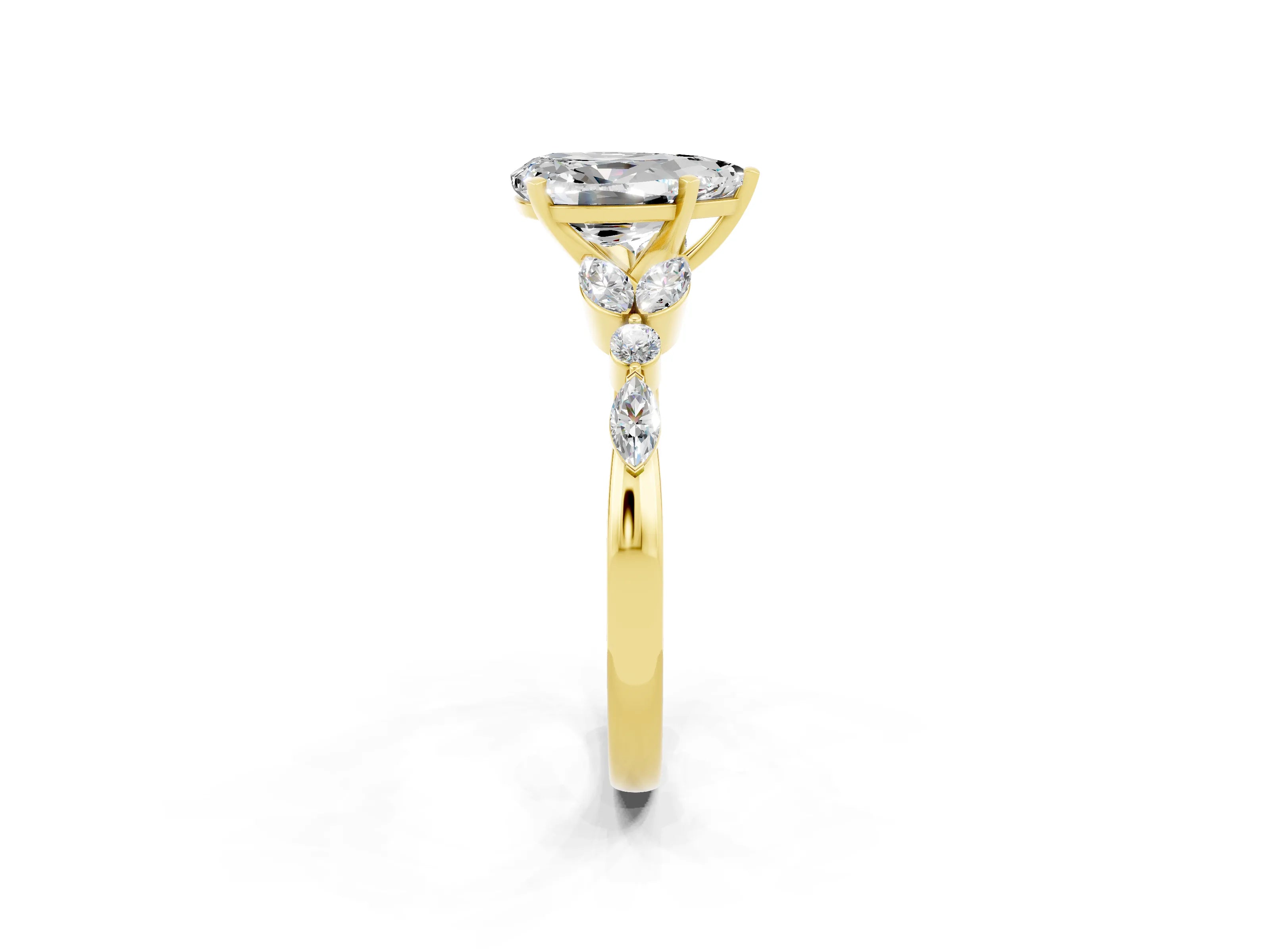 Yellow gold Pear Cut Moissanite Solitaire Ring with Side Stones and Four-Prong Setting_14