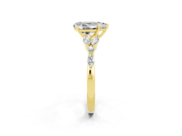 Yellow gold Pear Cut Moissanite Solitaire Ring with Side Stones and Four-Prong Setting