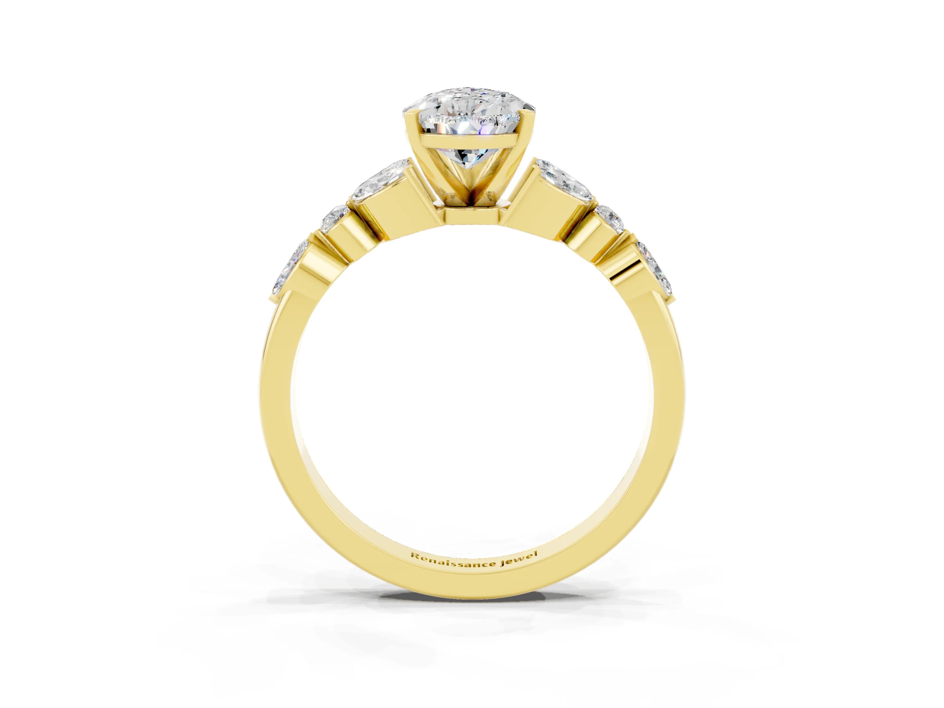 Yellow gold Pear Cut Moissanite Solitaire Ring with Side Stones and Four-Prong Setting_15