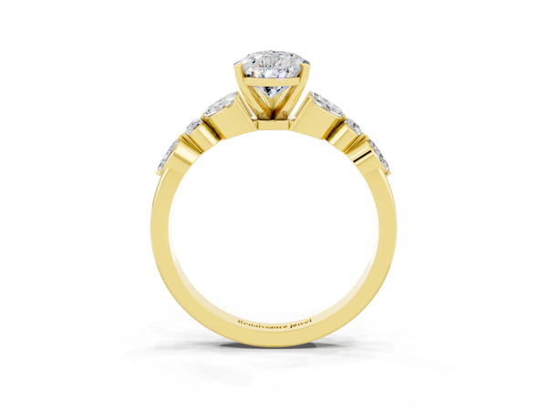 Yellow gold Pear Cut Moissanite Solitaire Ring with Side Stones and Four-Prong Setting