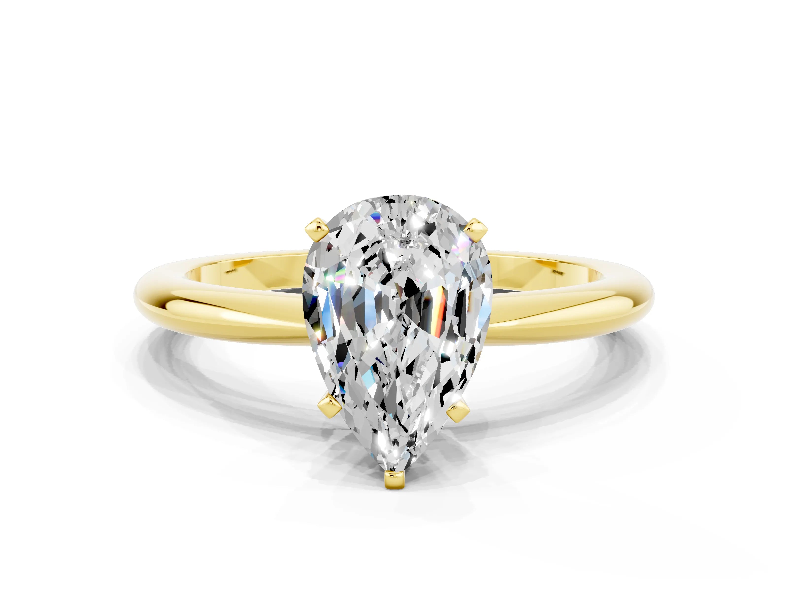 Yellow gold Pear Cut Moissanite Solitaire Ring with Six-Prong Setting and Classic Band