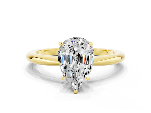 Yellow gold Pear Cut Moissanite Solitaire Ring with Six-Prong Setting and Classic Band