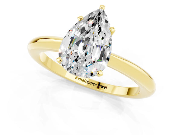 Yellow gold Pear Cut Moissanite Solitaire Ring with Six-Prong Setting and Classic Band