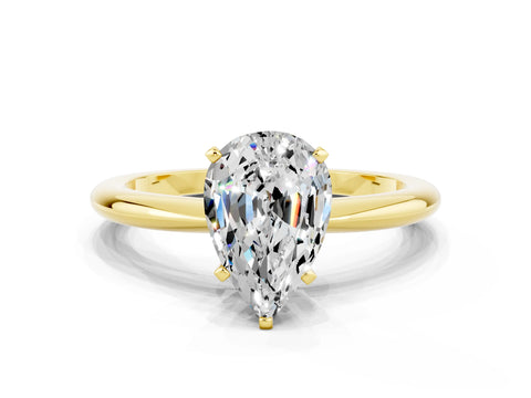 Yellow gold Pear Cut Moissanite Solitaire Ring with Six-Prong Setting and Classic Band