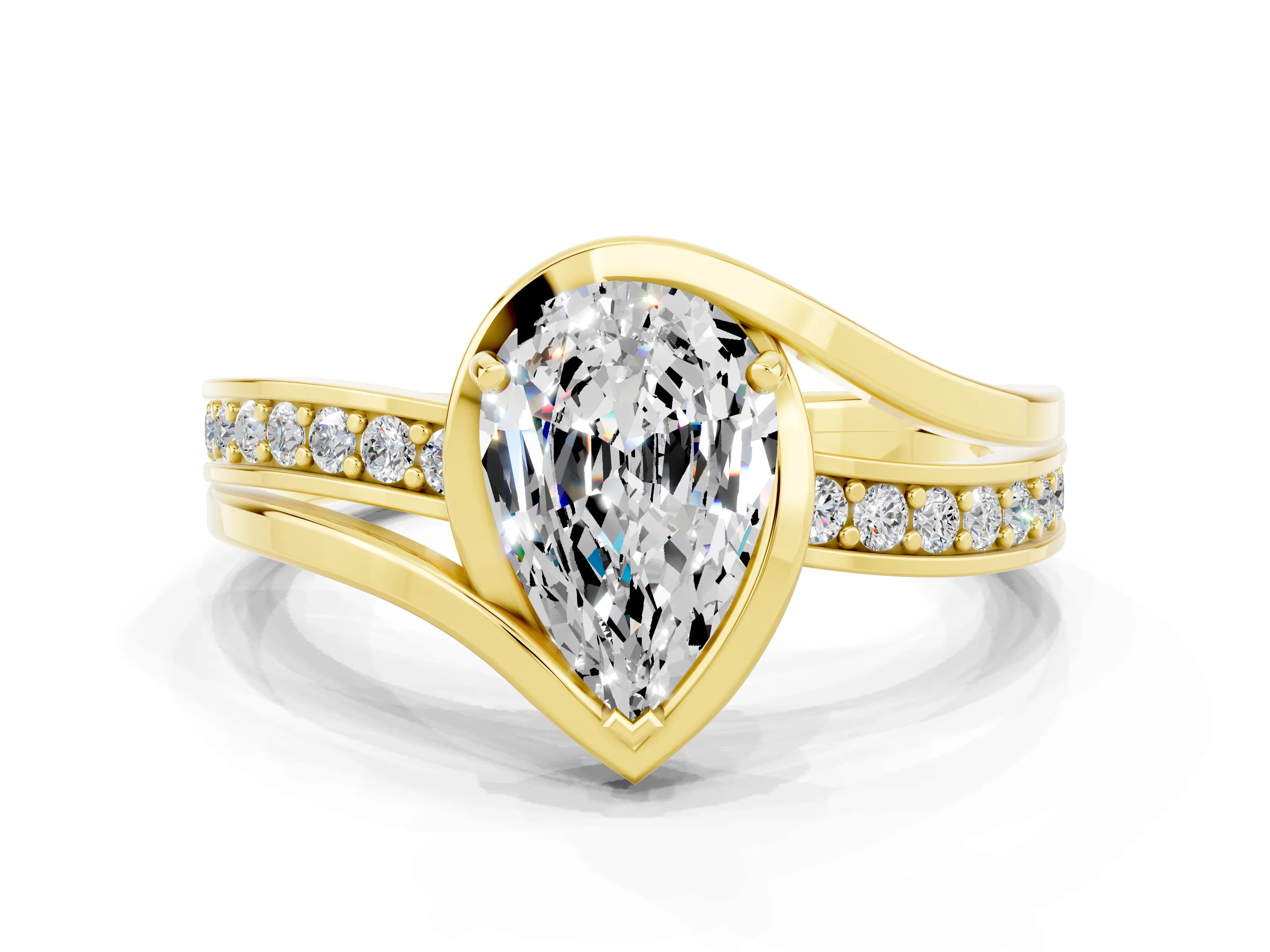 Yellow gold Pear Cut Moissanite Solitaire Ring with Split Shank and Prong Setting