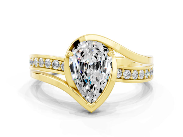 Yellow gold Pear Cut Moissanite Solitaire Ring with Split Shank and Prong Setting