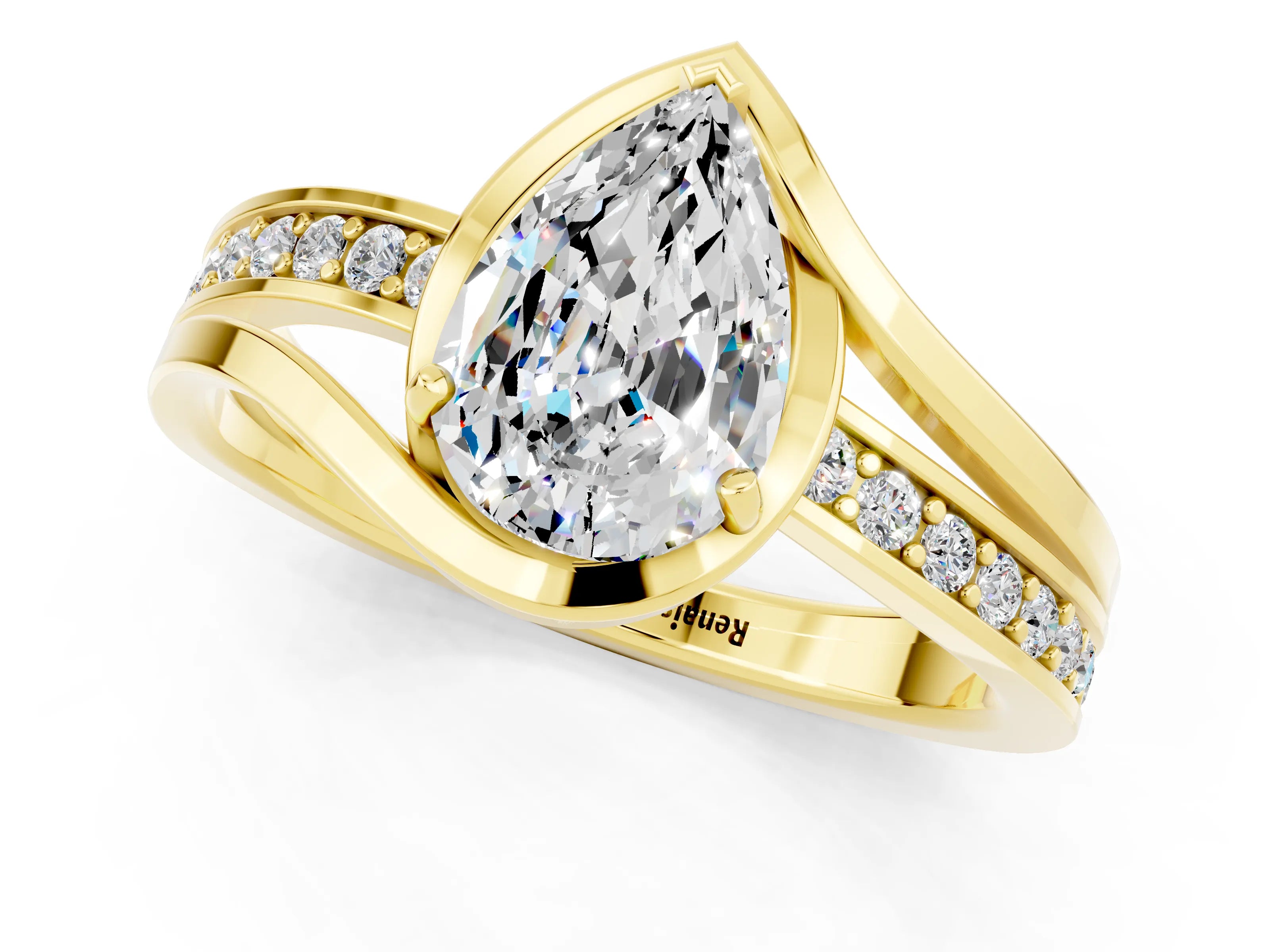 Yellow gold Pear Cut Moissanite Solitaire Ring with Split Shank and Prong Setting_1