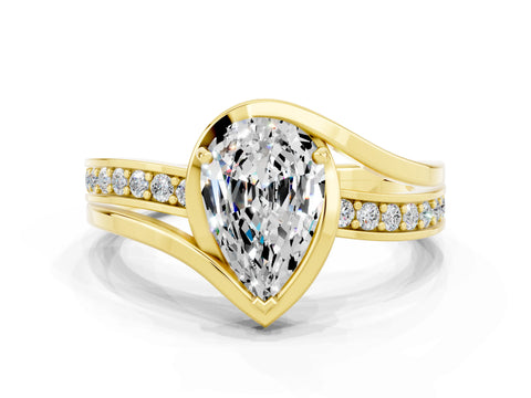 Yellow gold Pear Cut Moissanite Solitaire Ring with Split Shank and Prong Setting