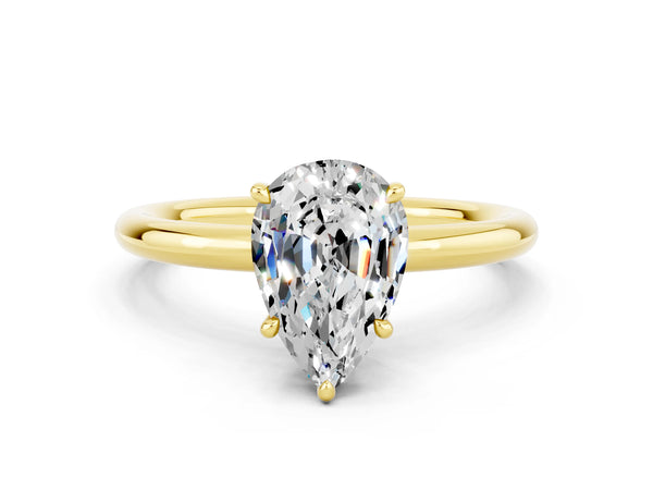 Yellow gold Pear Cut Moissanite Solitaire Ring with Thin Band and Four-Prong Setting