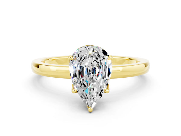Yellow gold Pear Cut Moissanite Solitaire Ring with Thin Band and Prong Setting