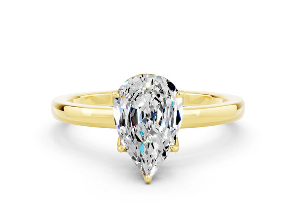 Yellow gold Pear Cut Moissanite Solitaire Ring with Thin Band and Prong Setting