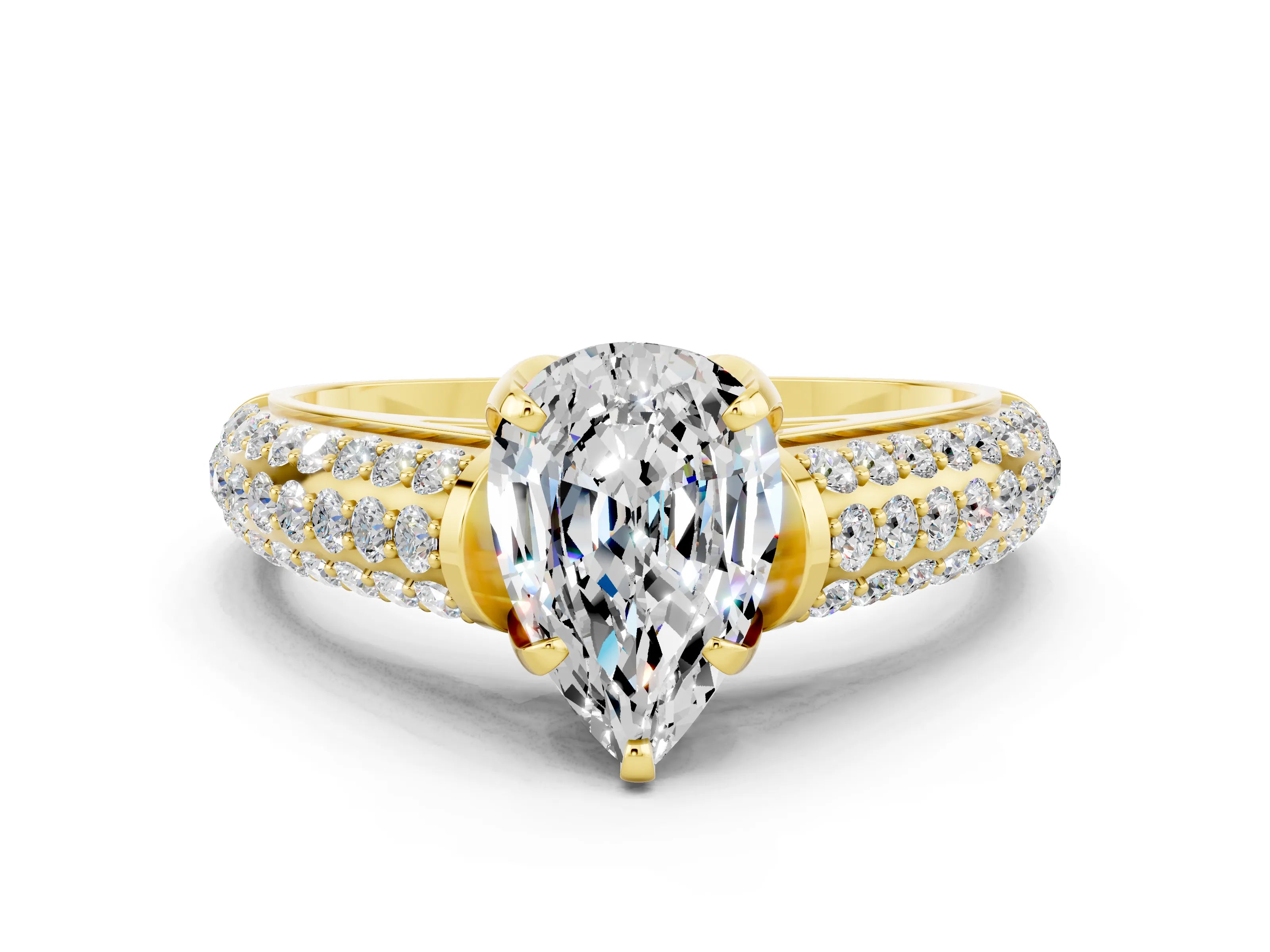 Yellow gold Pear Cut Moissanite Solitaire Ring with Three-Row Pavé Band and Four-Prong Setting_12
