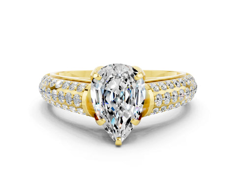 Yellow gold Pear Cut Moissanite Solitaire Ring with Three-Row Pavé Band and Four-Prong Setting_12