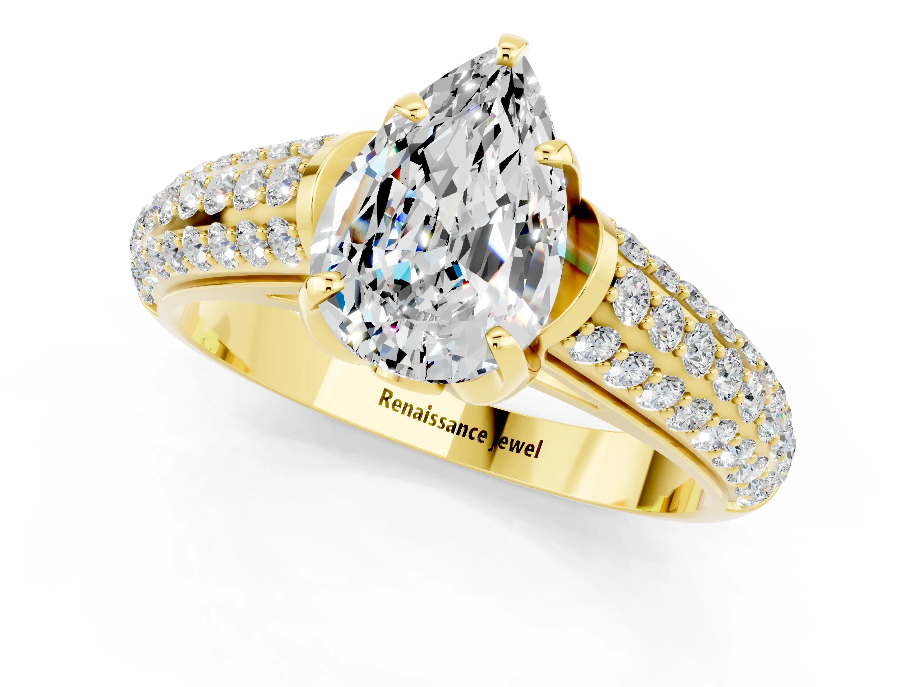 Yellow gold Pear Cut Moissanite Solitaire Ring with Three-Row Pavé Band and Four-Prong Setting_13