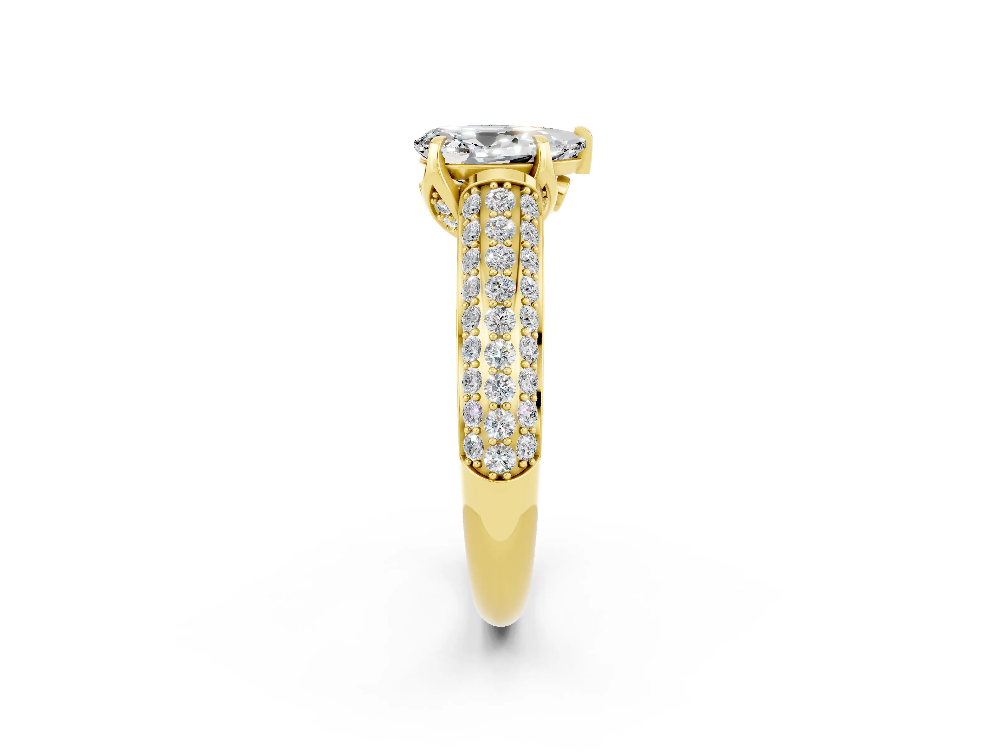 Yellow gold Pear Cut Moissanite Solitaire Ring with Three-Row Pavé Band and Four-Prong Setting_14