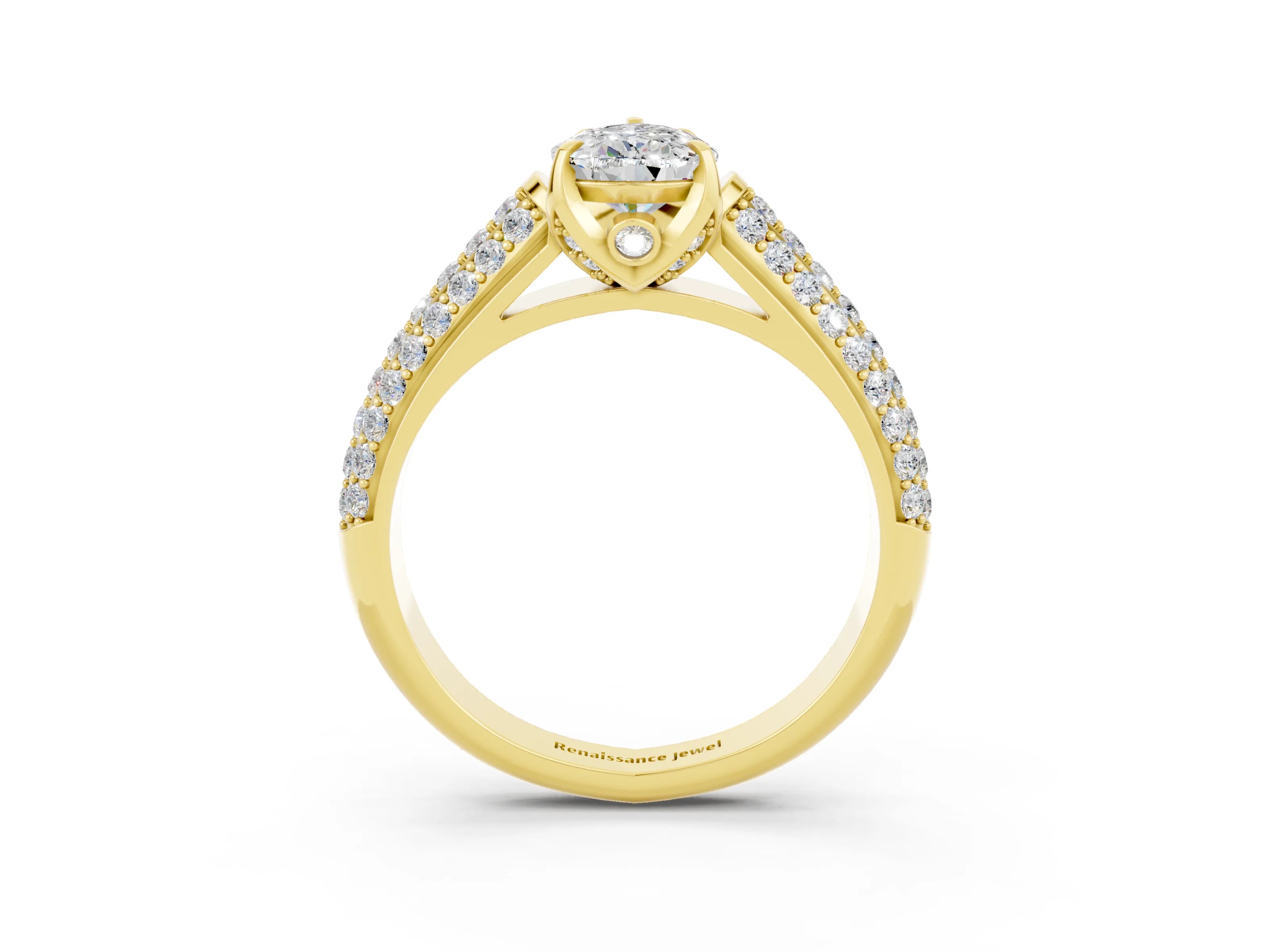 Yellow gold Pear Cut Moissanite Solitaire Ring with Three-Row Pavé Band and Four-Prong Setting_15