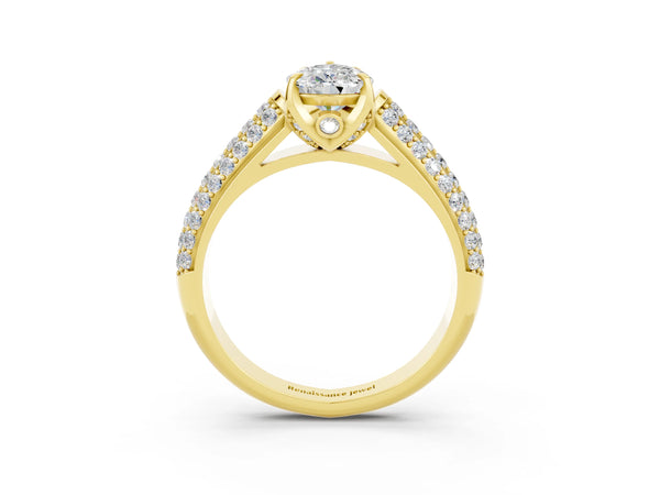 Yellow gold Pear Cut Moissanite Solitaire Ring with Three-Row Pavé Band and Four-Prong Setting