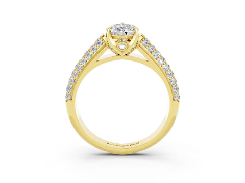 Yellow gold Pear Cut Moissanite Solitaire Ring with Three-Row Pavé Band and Four-Prong Setting_15