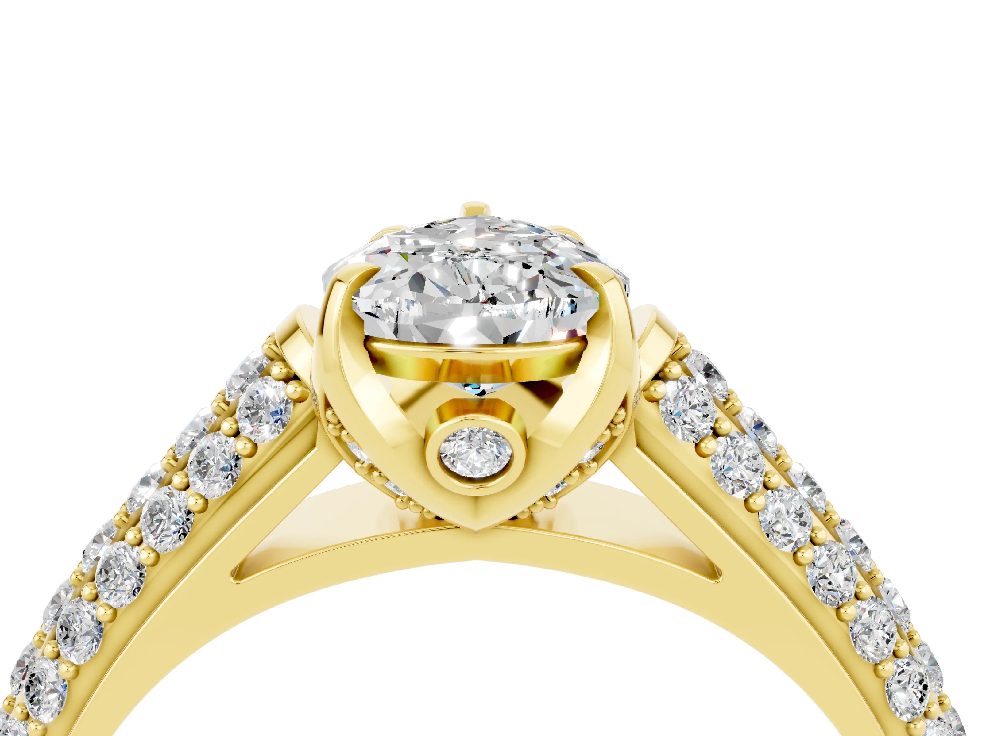 Yellow gold Pear Cut Moissanite Solitaire Ring with Three-Row Pavé Band and Four-Prong Setting_16