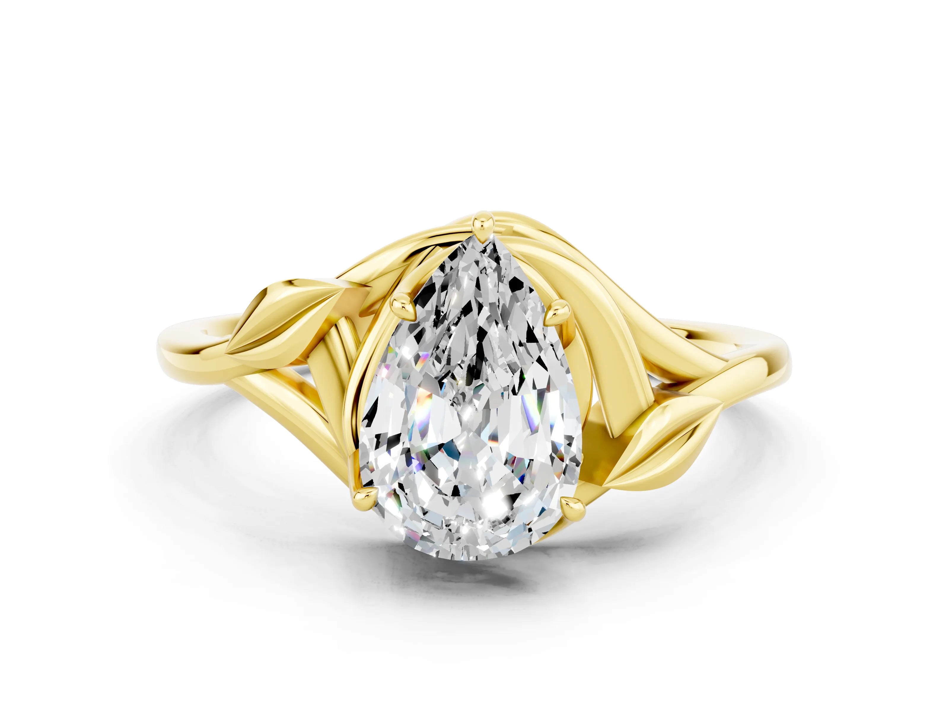 Yellow gold Pear Cut Moissanite Solitaire Ring with Twist Band and Four-Prong Setting_24