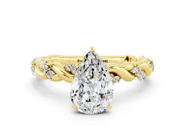 Yellow gold Pear Cut Moissanite Solitaire Ring with Twisted Band and Pavé Accents