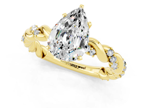 Yellow gold Pear Cut Moissanite Solitaire Ring with Twisted Band and Pavé Accents