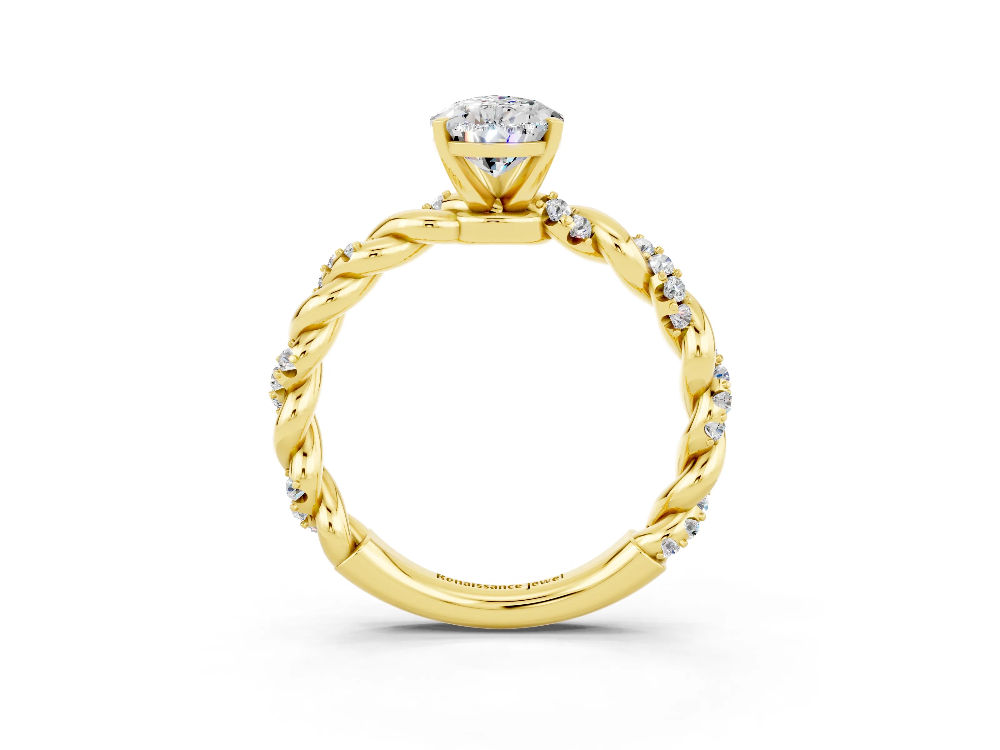 Yellow gold Pear Cut Moissanite Solitaire Ring with Twisted Band and Pavé Accents_3