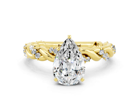 Yellow gold Pear Cut Moissanite Solitaire Ring with Twisted Band and Pavé Accents