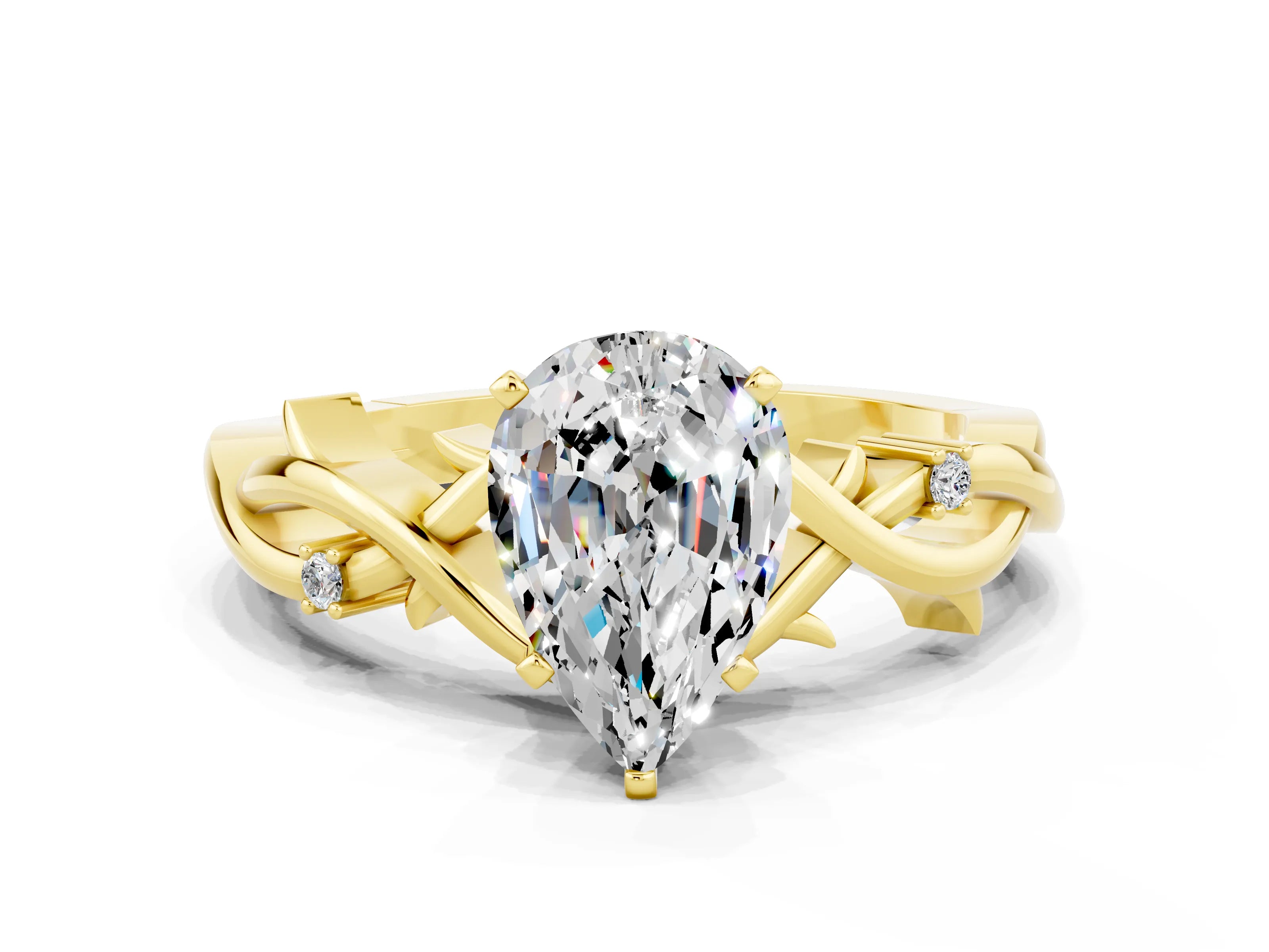 Yellow gold Pear Cut Moissanite Solitaire Ring with Twisted Band and Prong Setting