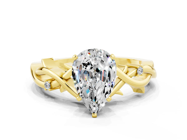 Yellow gold Pear Cut Moissanite Solitaire Ring with Twisted Band and Prong Setting