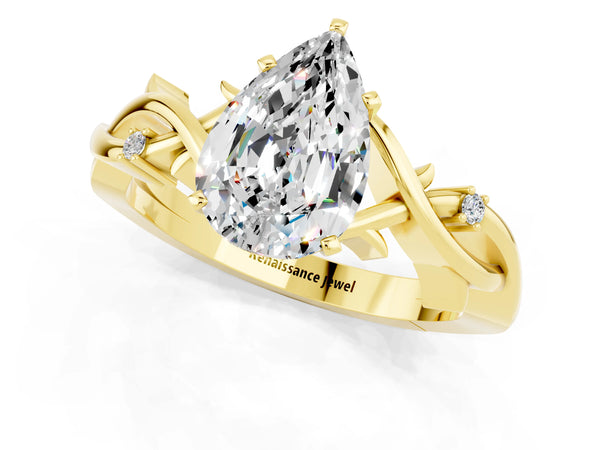 Yellow gold Pear Cut Moissanite Solitaire Ring with Twisted Band and Prong Setting