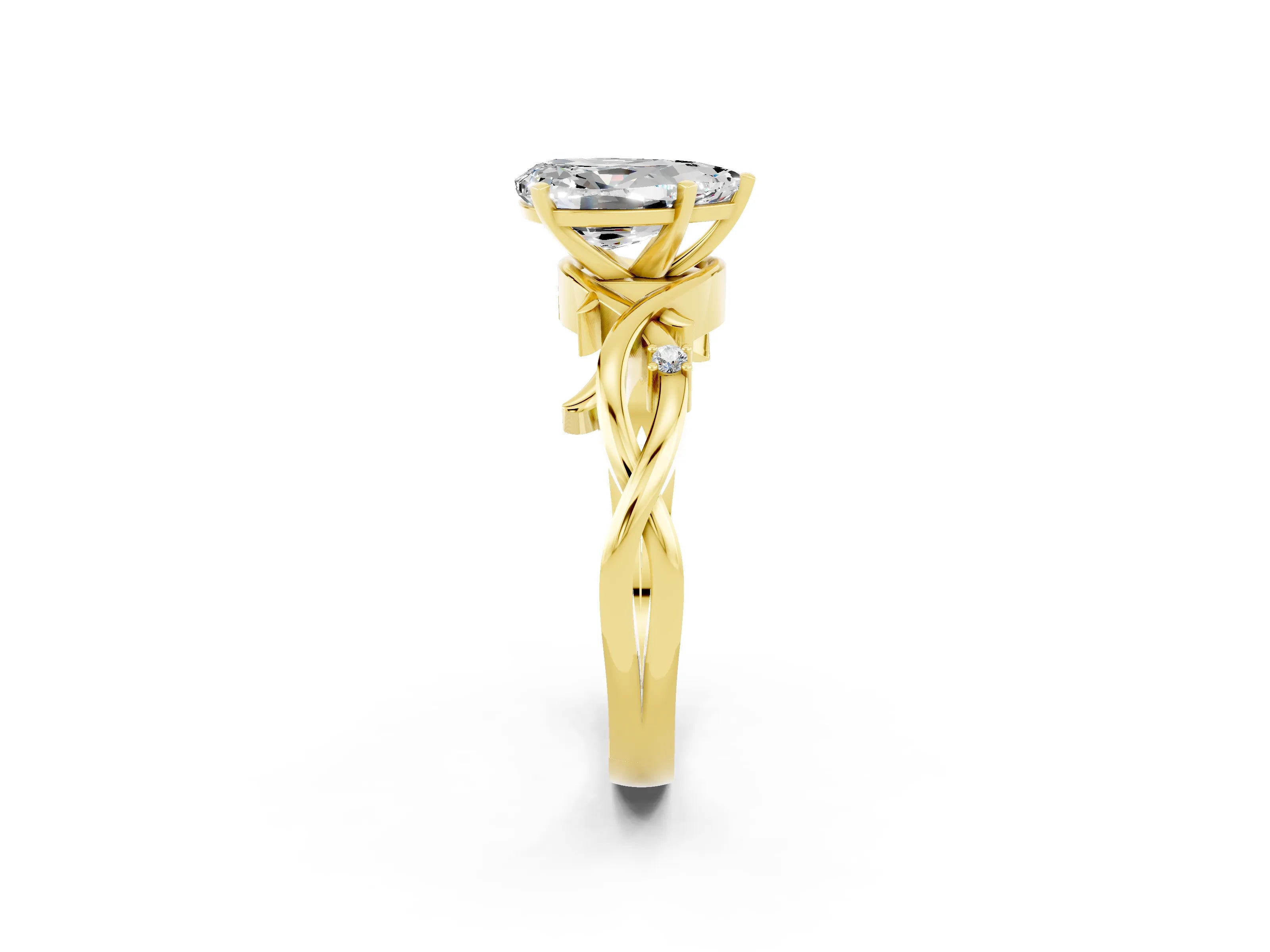 Yellow gold Pear Cut Moissanite Solitaire Ring with Twisted Band and Prong Setting_2