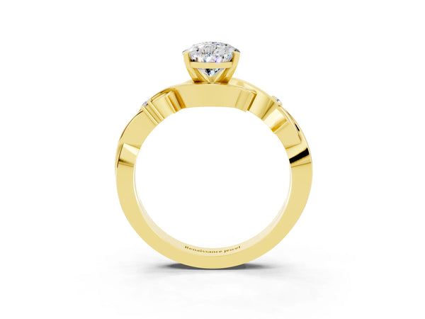 Yellow gold Pear Cut Moissanite Solitaire Ring with Twisted Band and Prong Setting