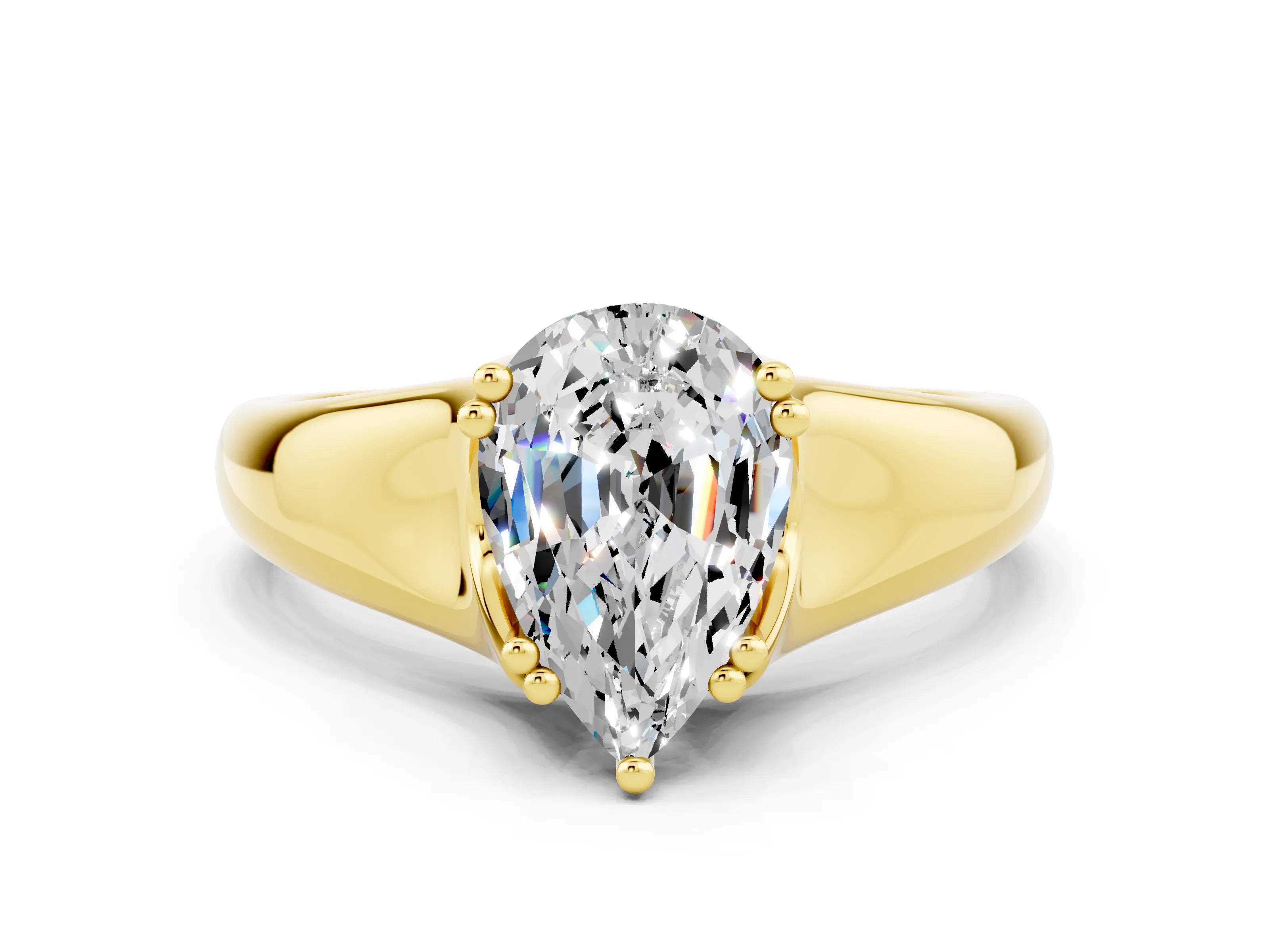 Yellow gold Pear Cut Moissanite Solitaire Ring with Wide Band and Prong Setting