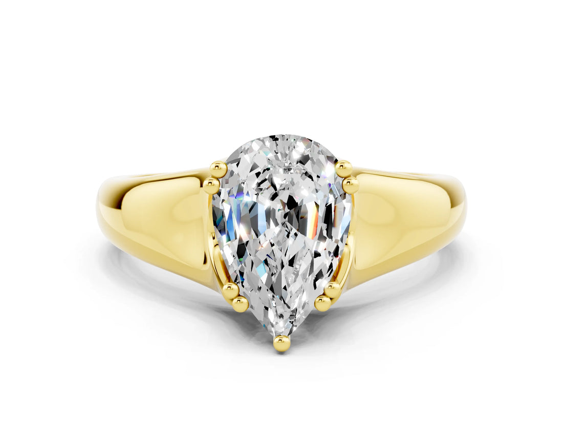 Yellow gold Pear Cut Moissanite Solitaire Ring with Wide Band and Prong Setting