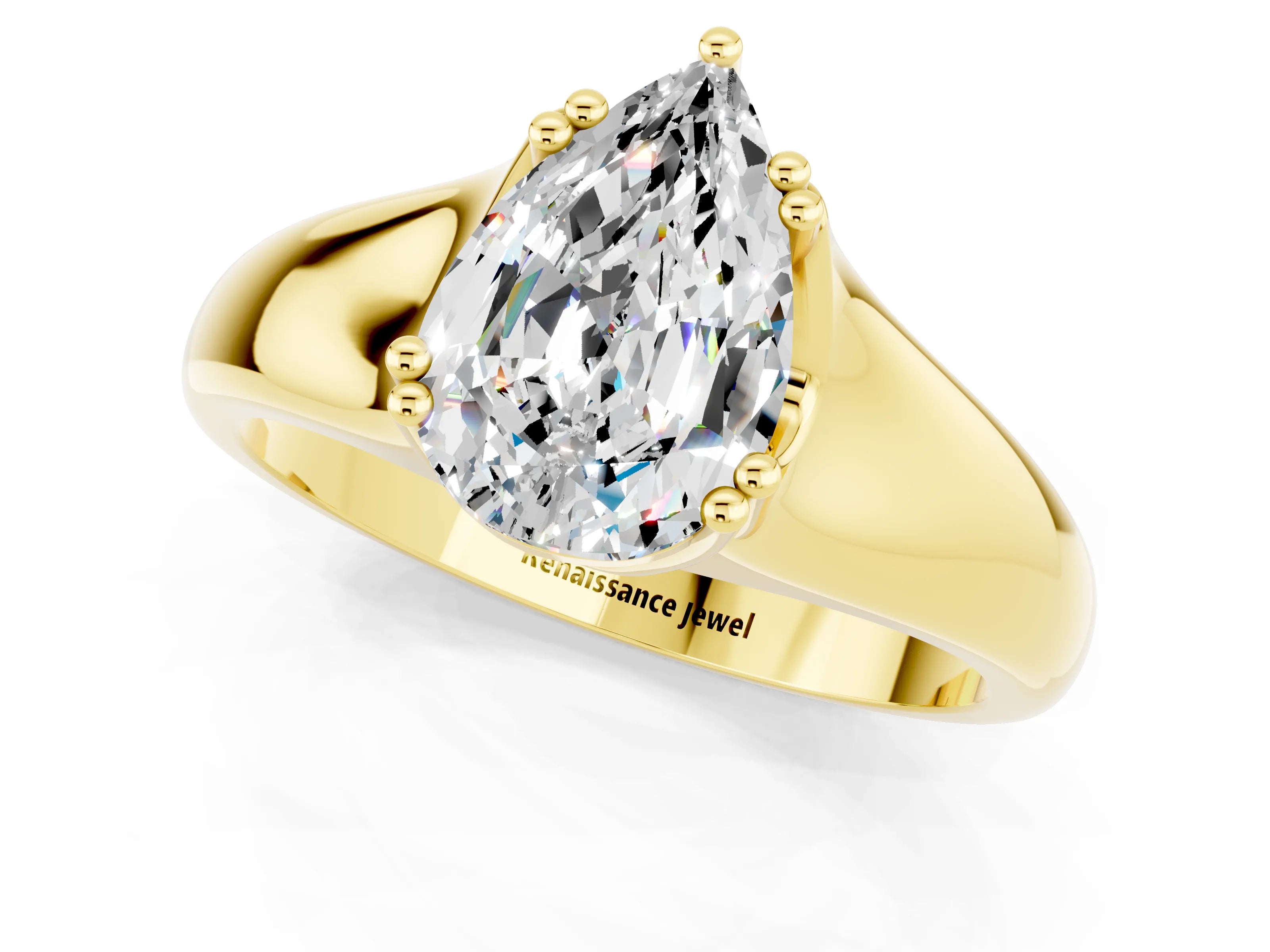 Yellow gold Pear Cut Moissanite Solitaire Ring with Wide Band and Prong Setting_1