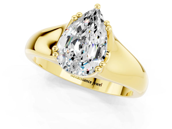 Yellow gold Pear Cut Moissanite Solitaire Ring with Wide Band and Prong Setting