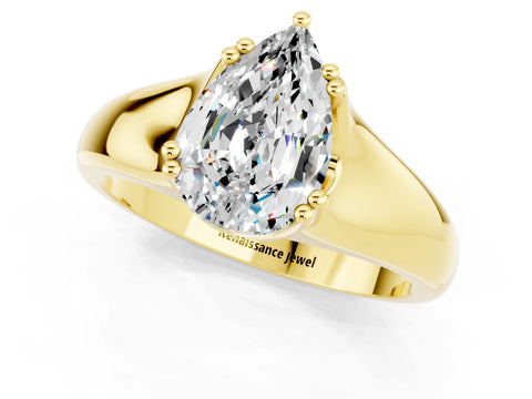Yellow gold Pear Cut Moissanite Solitaire Ring with Wide Band and Prong Setting_1