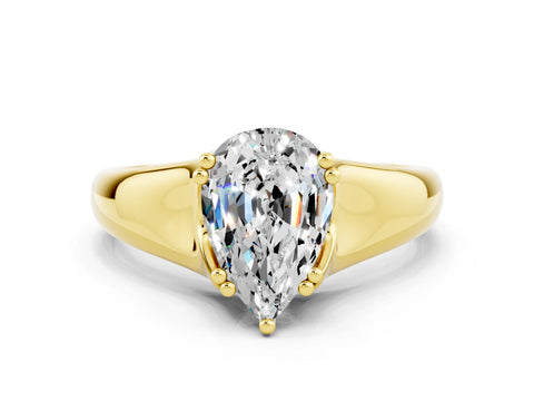 Yellow gold Pear Cut Moissanite Solitaire Ring with Wide Band and Prong Setting