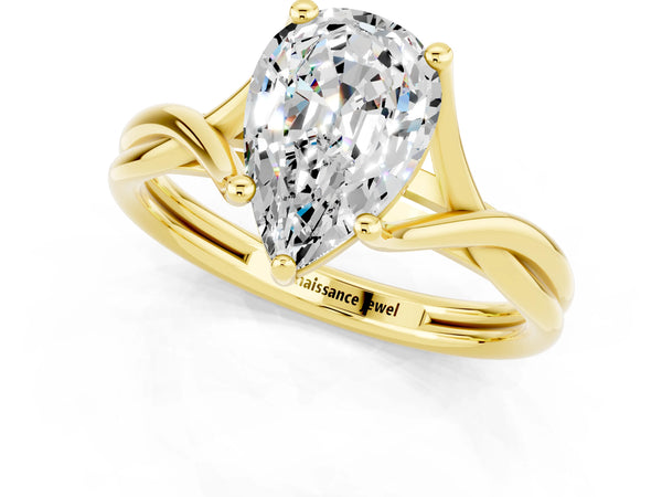 Yellow gold Pear Cut Moissanite Solitaire Twist Band Prong Setting Ring
