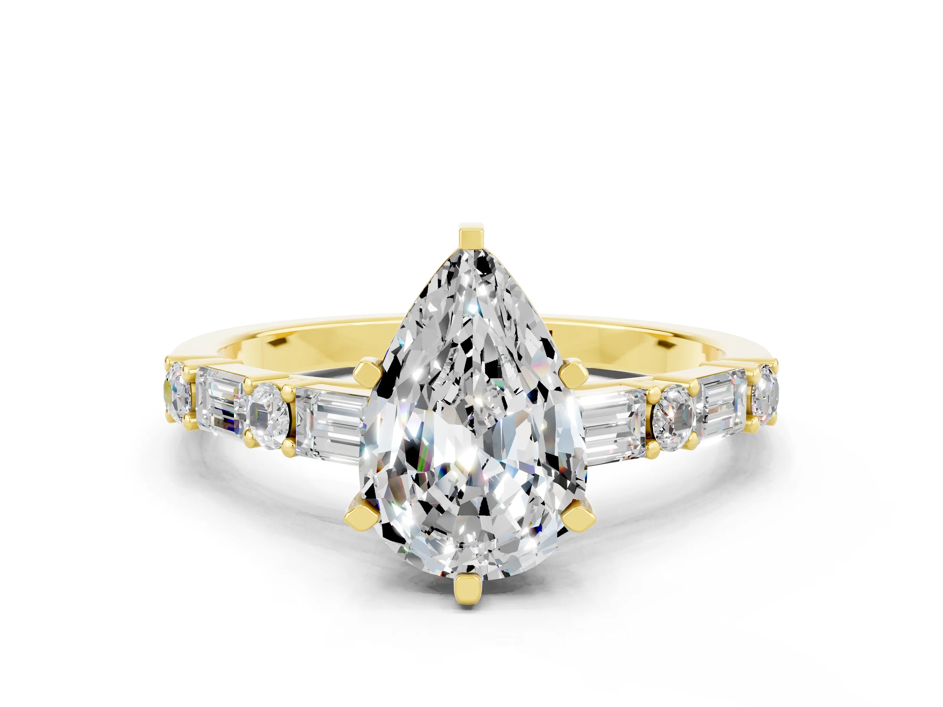Yellow gold Pear Cut Moissanite Solitaire with Side Baguettes and Channel Set Band