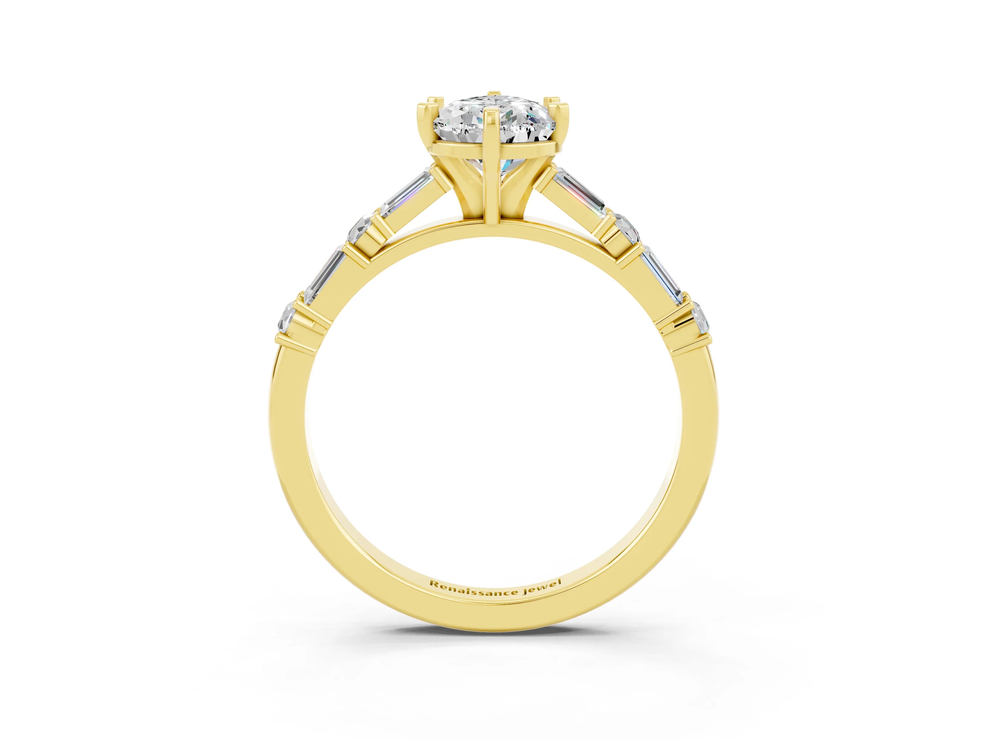 Yellow gold Pear Cut Moissanite Solitaire with Side Baguettes and Channel Set Band_3