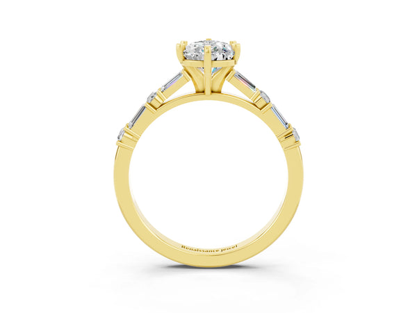 Yellow gold Pear Cut Moissanite Solitaire with Side Baguettes and Channel Set Band