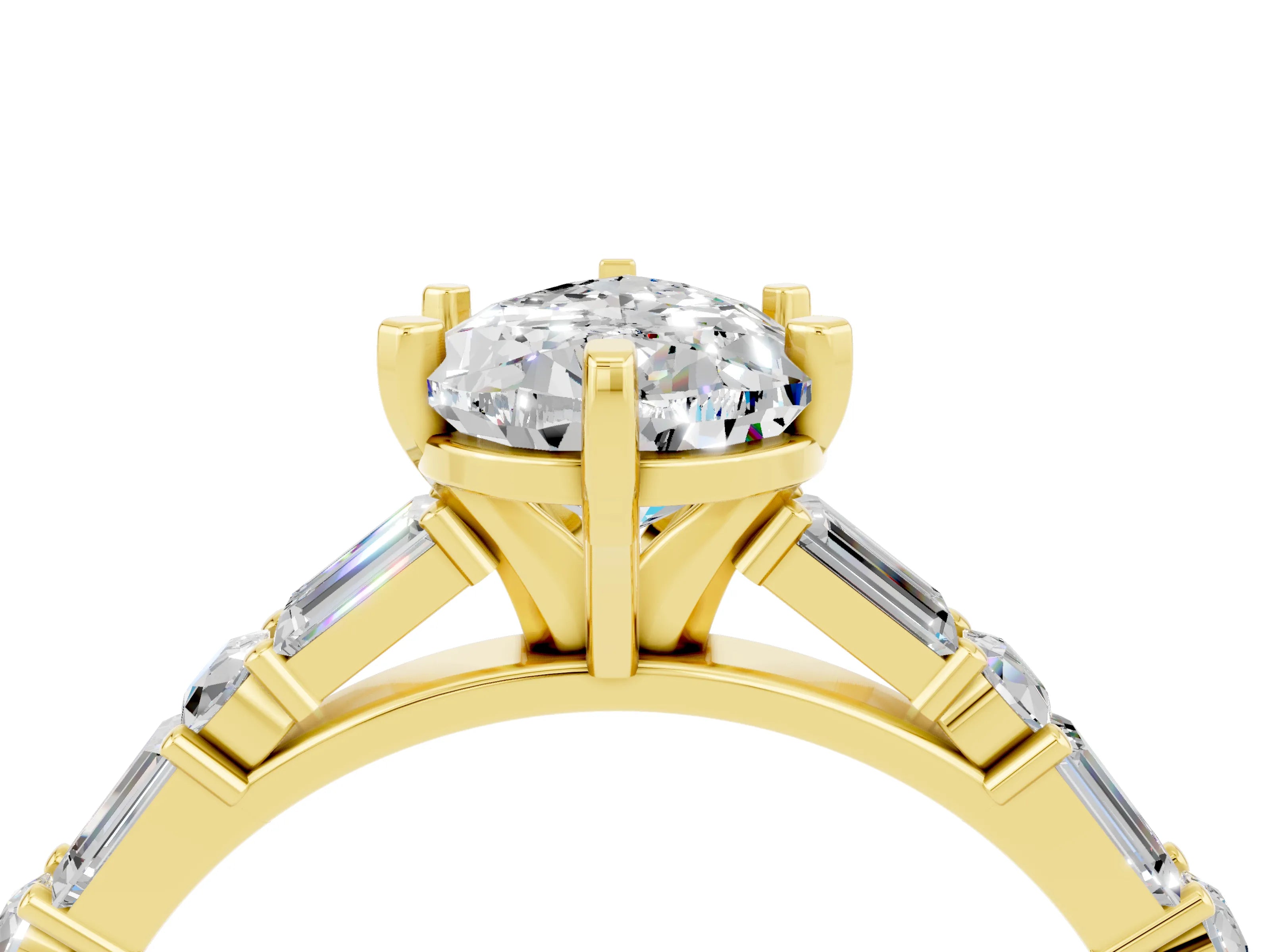 Yellow gold Pear Cut Moissanite Solitaire with Side Baguettes and Channel Set Band_4