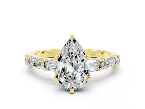 Yellow gold Pear Cut Moissanite Solitaire with Side Baguettes and Channel Set Band