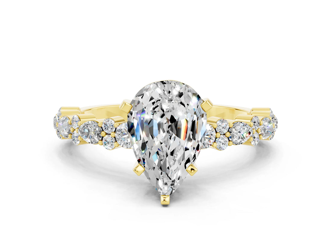 Yellow gold Pear Cut Moissanite Solitaire with Side Stones, Pave Band, Four-Prong Setting_36