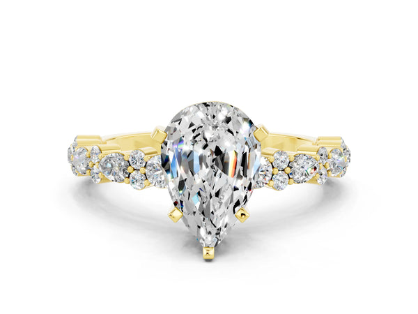 Yellow gold Pear Cut Moissanite Side Stone Solitaire Ring with Round  and Four-Prong Setting